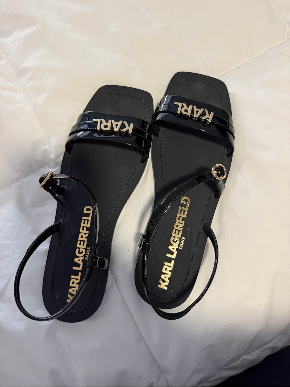 Karl Lagerfeld Black Patent Logo Ankle-Strap Sandals